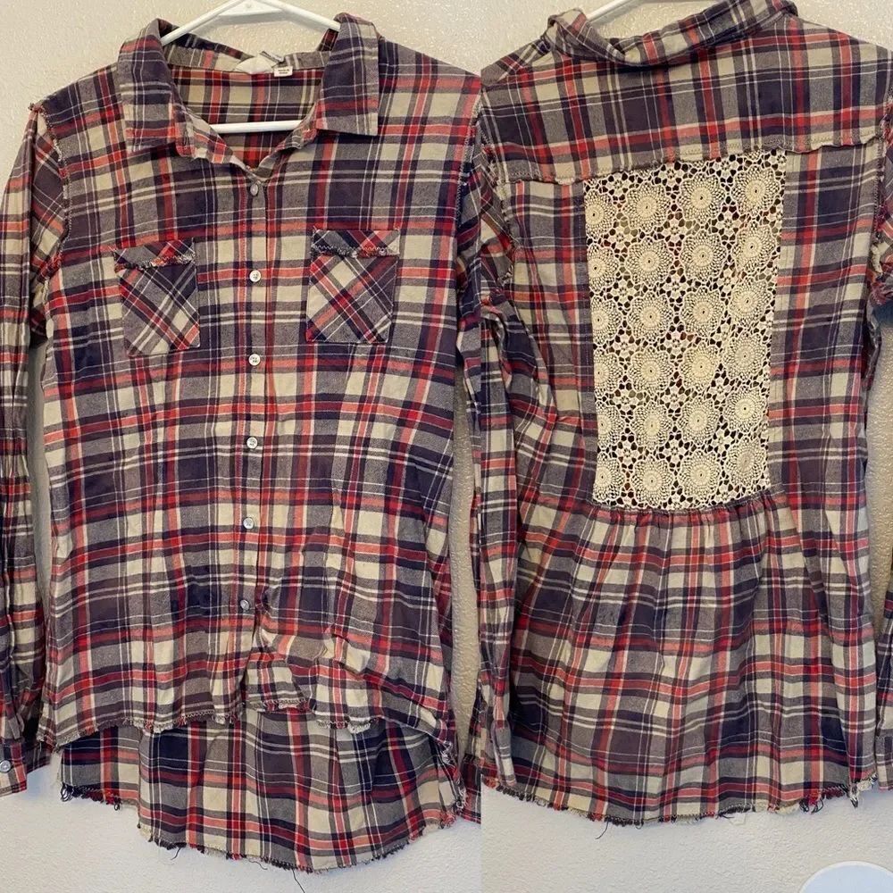 White Crow Anthropologie Crochet brown Plaid Flannel Button snap Top lace L